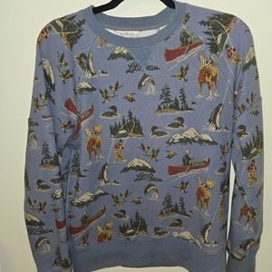 L.L. Bean Signature Womens Fleece Top Vintage Fishing Theme, Small